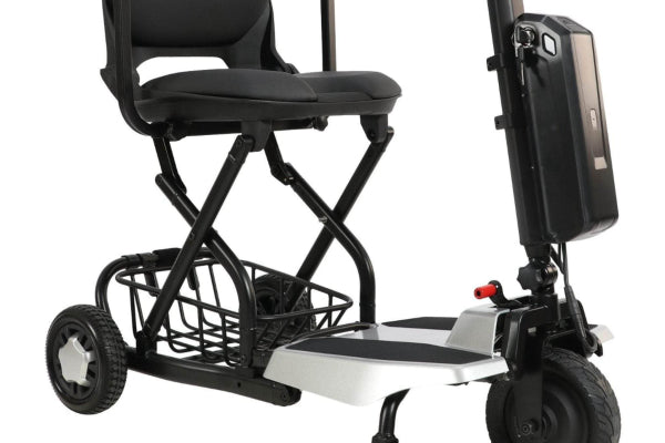 Super Light Flight Mobility Scooter with under-seat storage basket for convenient carrying of personal items.