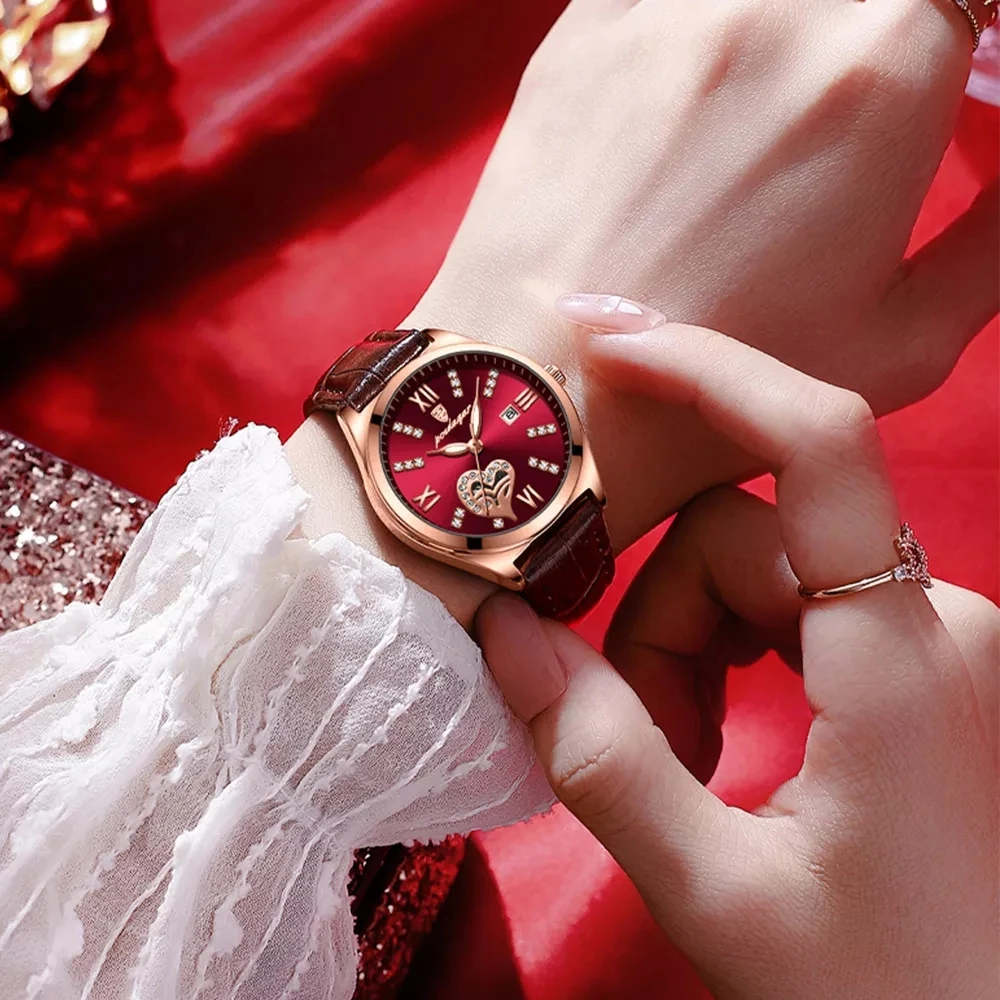 POEDAGAR 2022 Women Watches Fashion Leather Romance Red Dial Luxury Ladies Watch Waterproof Quartz Date Wristwatch