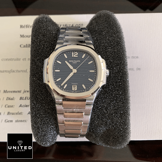 Patek Philippe Nautilus Ladies Blue Replica 8 Patek Philippe Nautilus 71181A-001 Blue Dial Replica on the black stand