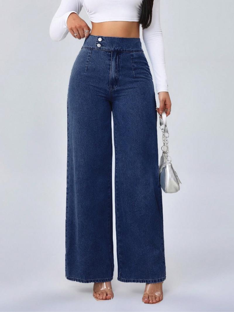 Women's Vintage Elegant High Waist Wide Leg Jeans, Button Front Elastic Waist, Plain Design, Casual Fashion Pants, All Seasons