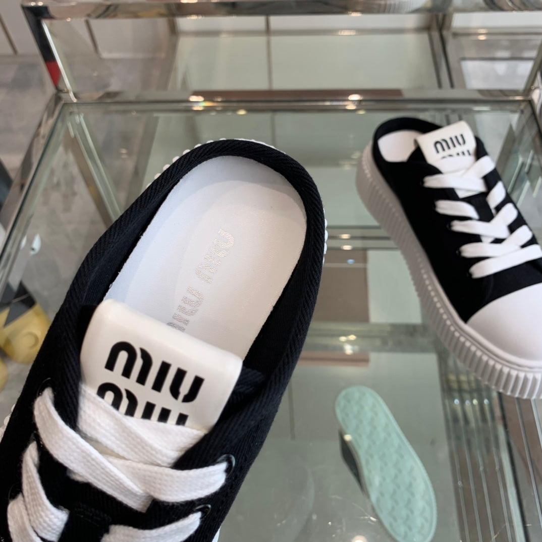 Mule Shoes Black And White Canvas、mysite、Cacoeks