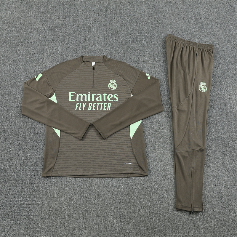 2025/2026 Real Madrid Half-Pull Training Suit Khaki Football Shirt 1:1 Thai Quality Set:football jersey mysite: unitedjerseyfootball 邓江浪:football