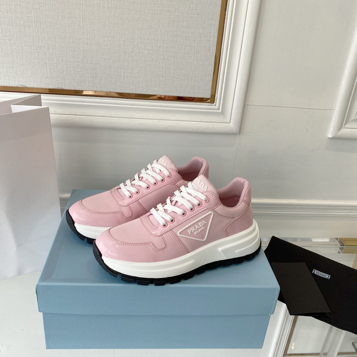 PRADA 25S THICK SOLE SNEAKER IN LIGHT PINK CALFSKIN AND CANVAS、mysite、Cacoeks