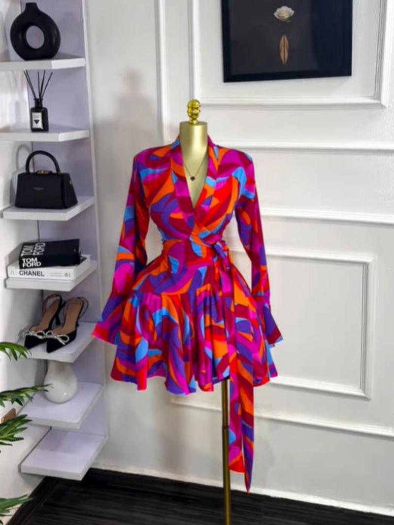 PULKRITU Women's Tie-Dye Print Flare Long Sleeve Dress, V-Neck Bow Hem, Fall Winter Wear, Elegant Vacation Party Birthday Dress