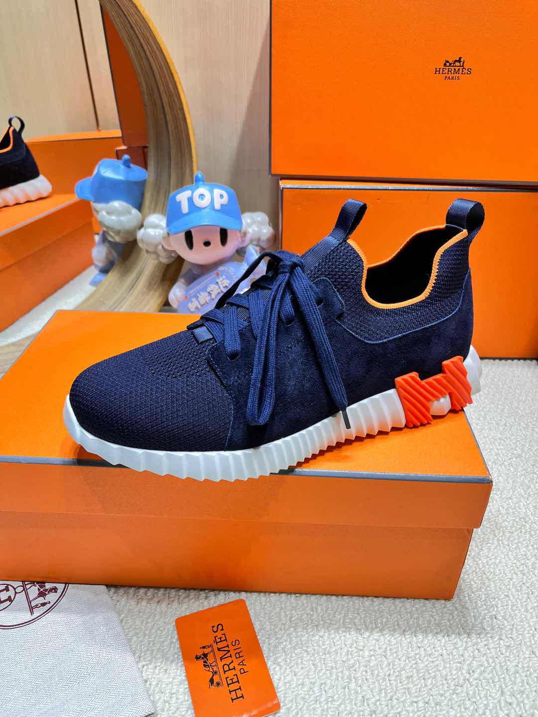 DEPART SLIP-ON SNEAKER IN NAVY BLUE KNIT AND CALFSKIN、mysite、Cacoeks