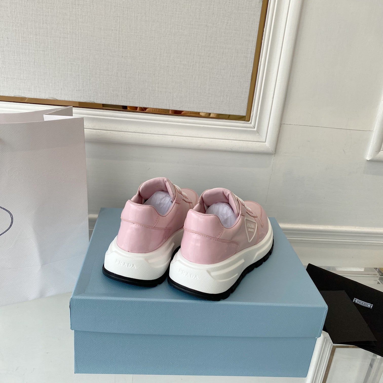 PRADA 25S THICK SOLE SNEAKER IN LIGHT PINK CALFSKIN AND CANVAS、mysite、Cacoeks
