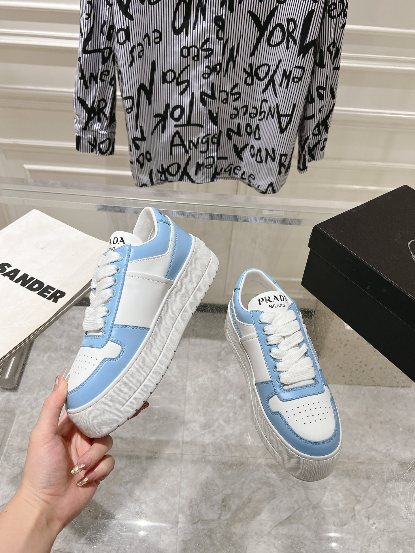 PRA DOWNTOWN BOLD SNEAKERS WHITE AND SKY CALFSKIN、mysite、Cacoeks