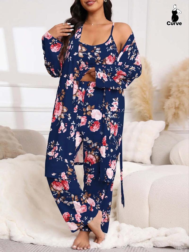 [Plus Size] Three-Piece Set Floral Print Belted Lounge Robe & Cami Top & Elastic Waist Pants Pyjama Set, Elegant Comfy Drop Shoulder Long Sleeve Robe & Sleeveless Top & Bow Decor Trousers PJ Set, Women's Sleepwear for Spring & Fall