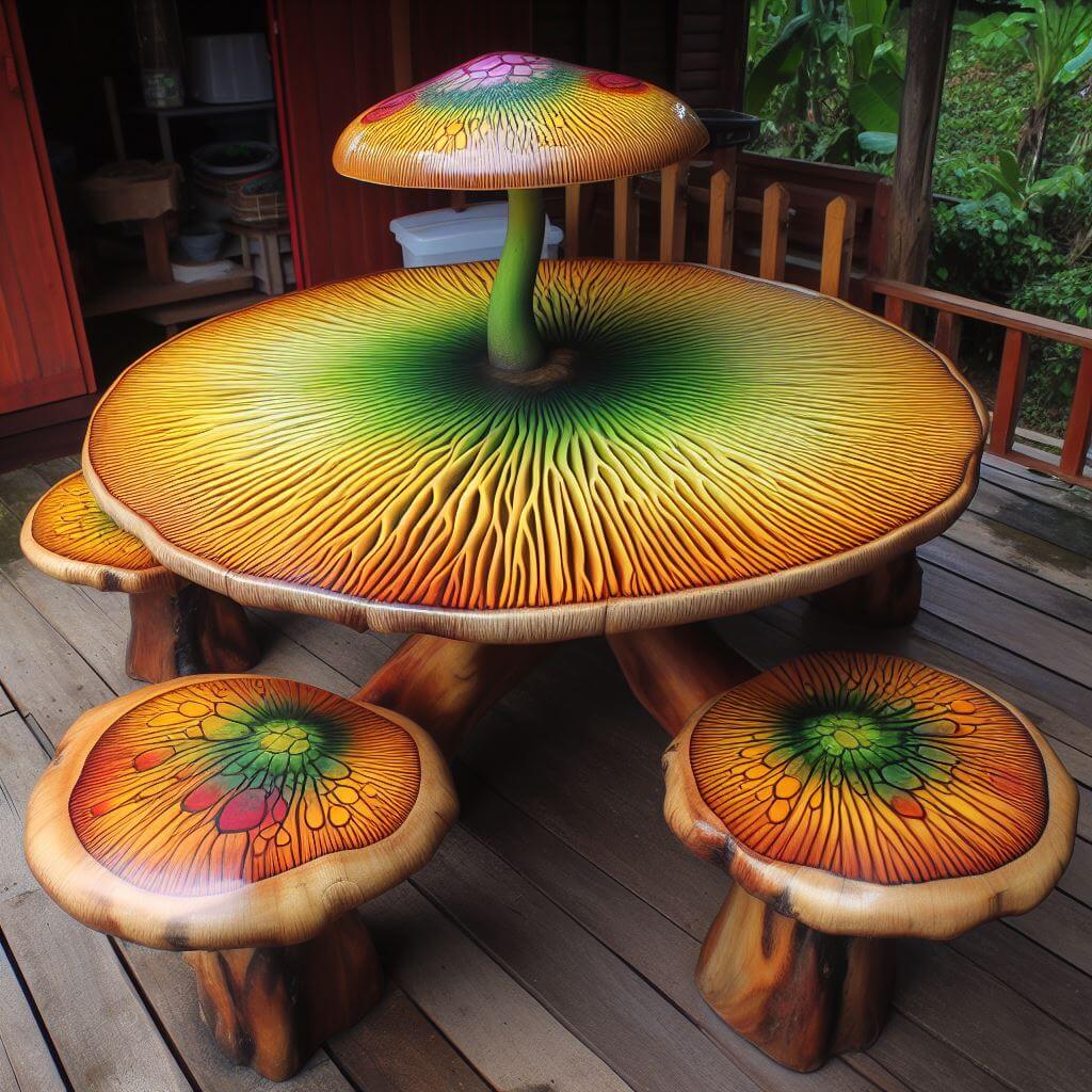 Enhance Your Patio with Mushroom Table and Tree-Shaped Picnic Sets for an Enchanting Outdoor Experience