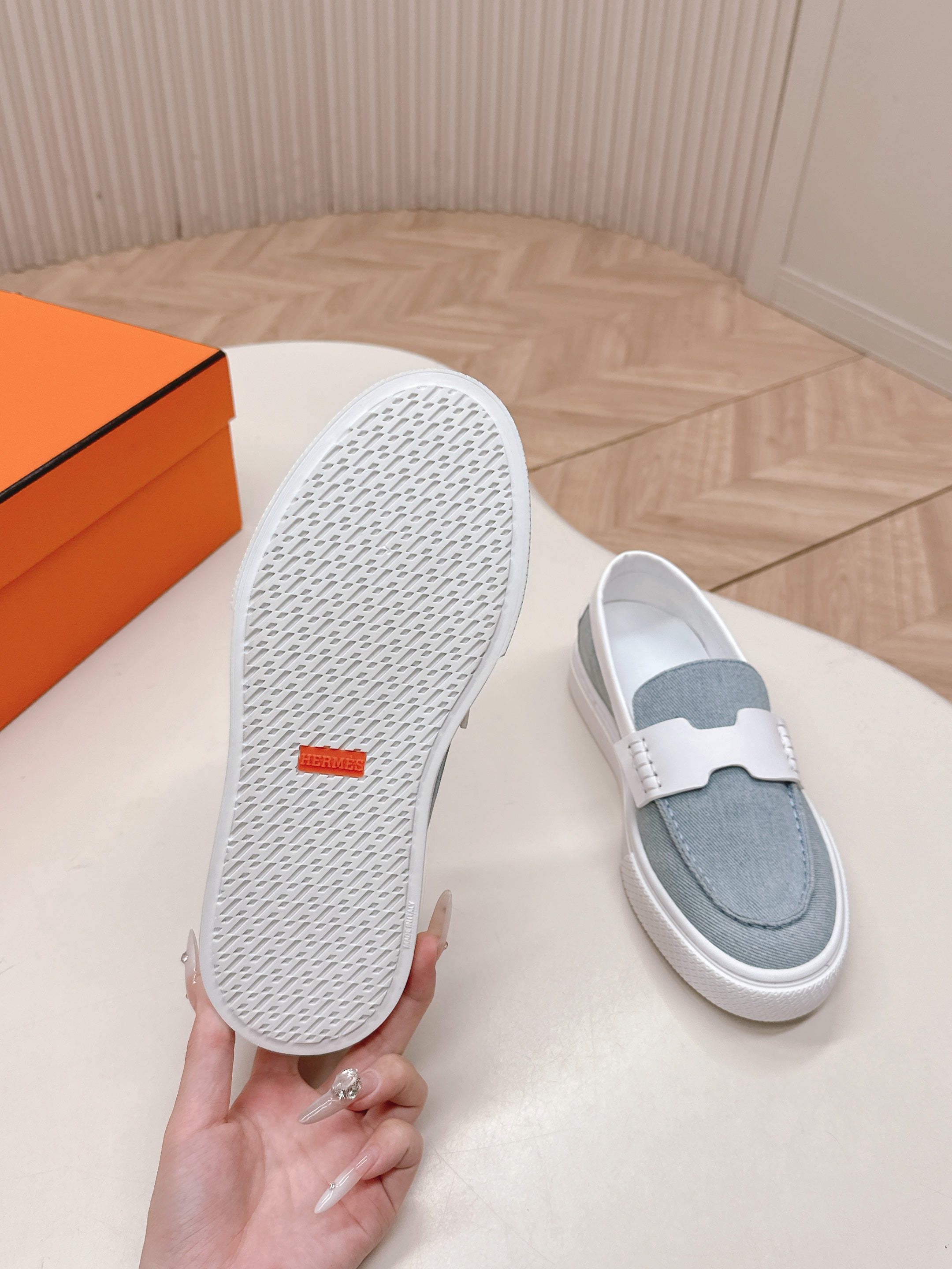 HM 25S SLIP-ON IN BLUE DENIM AND WHITE LAMBSKIN、mysite、Cacoeks