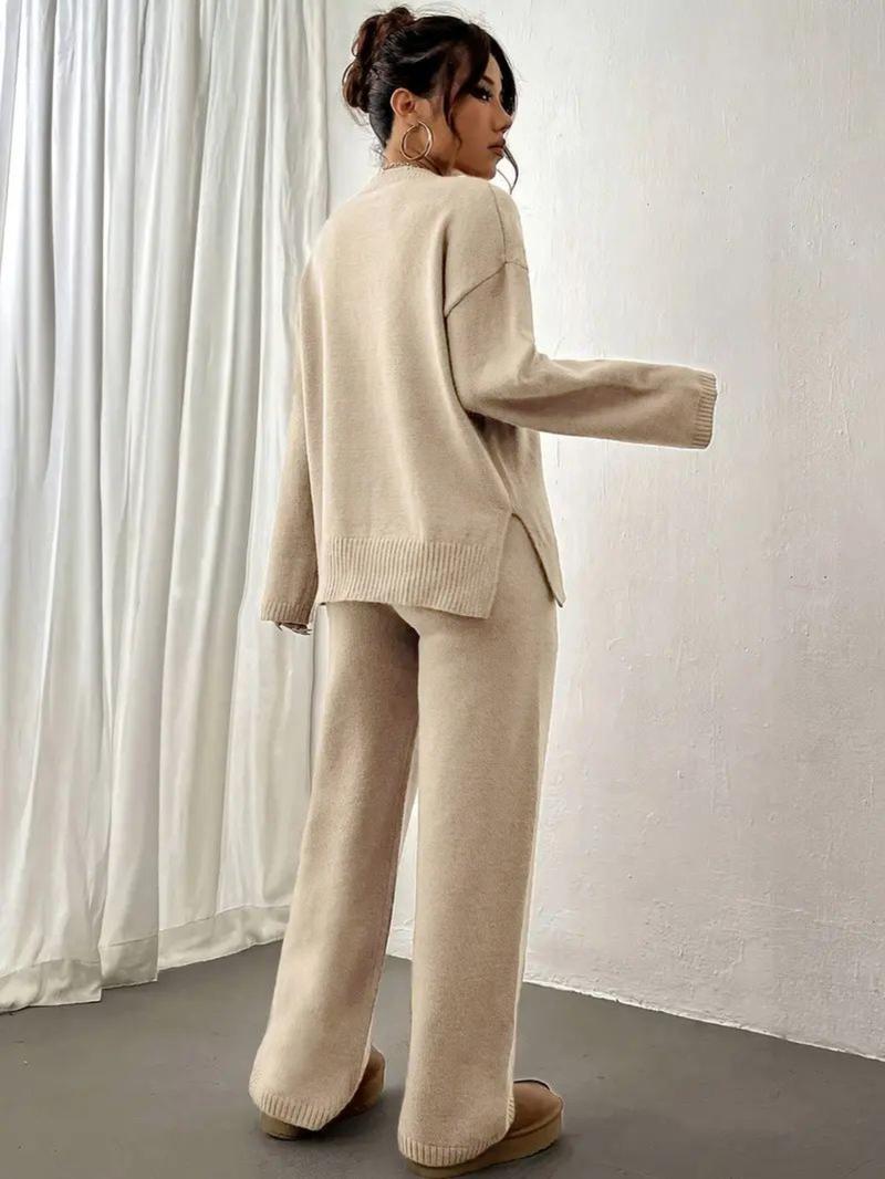 Women's Solid Drop Shoulder Split Hem Sweater & Elastic Waist Straight Leg Pants Two-piece Set, Casual Fashion Cozy Knitwear Set for Daily Outdoor Wear, Women Knitwear for Fall & Winter, Womenswear