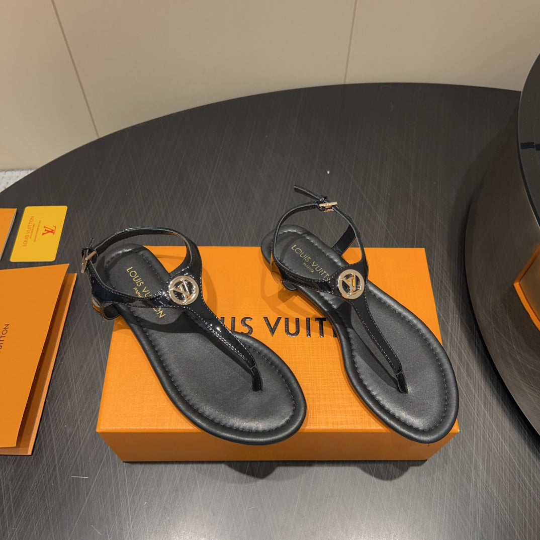 LV THONG SANDALS 25S IN BLACK CALFSKIN WITH GOLD HARDWARE、mysite、Cacoeks