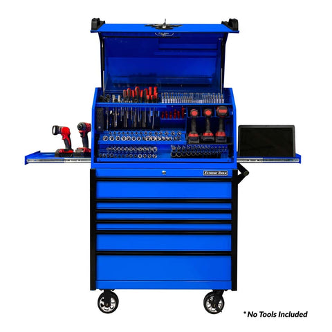 Extreme Tools Deluxe Portable Workstation With Multiple Drawers An Open Top Section Displaying Various Tools And A Side Shelf Holding A Laptop