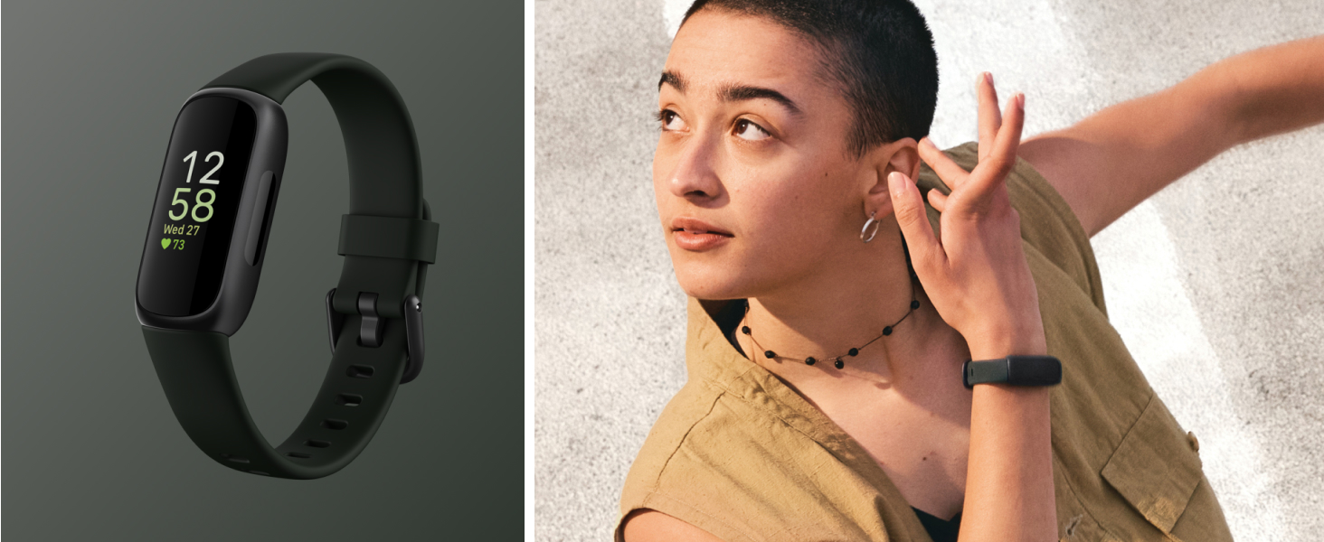 black fitbit inspire 3 and person in green top wearing black fitbit