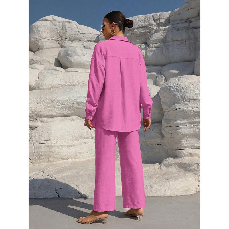 Women's Solid Button Front Shirt & Tie Front Wide Leg Pants Two-piece Set, Casual Drop Shoulder Long Sleeve Blouse Top & Trousers 2 Piece Set for Spring & Fall, Women's Clothes for Daily Wear Womenswear Suits Apricot Basic Minimalist