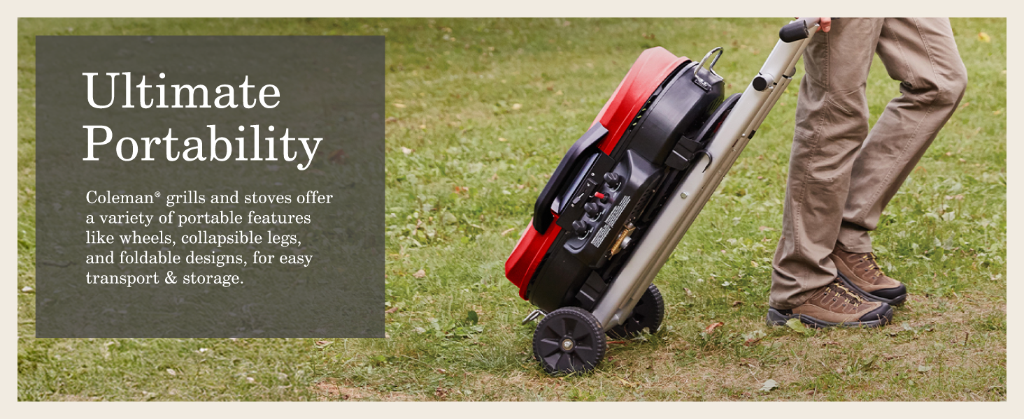 coleman ultimate portability grill stove camp tailgate bbq outdoor legs wheels transport storage