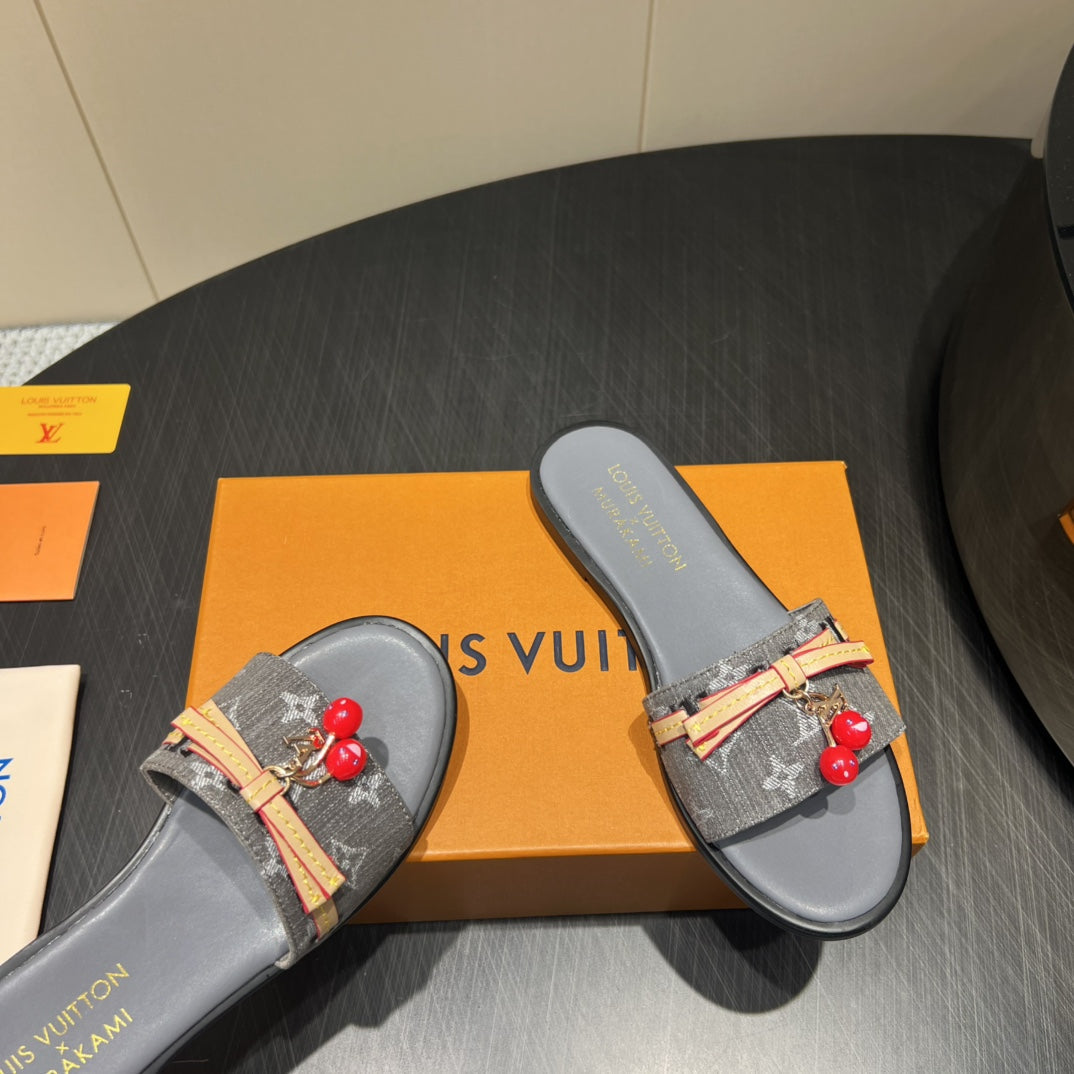 LV SLIDE SANDALS 25S IN DARK GREY DENIM AND CALFSKIN WITH CHERRY BLOSSOM BUCKLE、mysite、Cacoeks