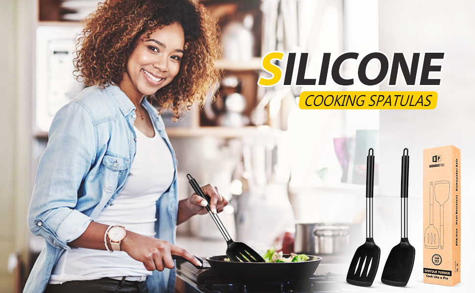 Pack of 2 Silicone Solid Turner ,Non Stick Slotted Kitchen Spatulas ,High Heat Resistant BPA Free