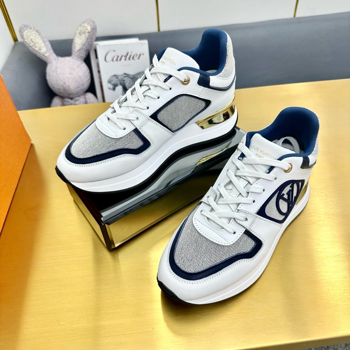NEO RUN AWAY SNEAKER IN WHITE MIX NAVY BLUE CALFSKIN、mysite、Cacoeks