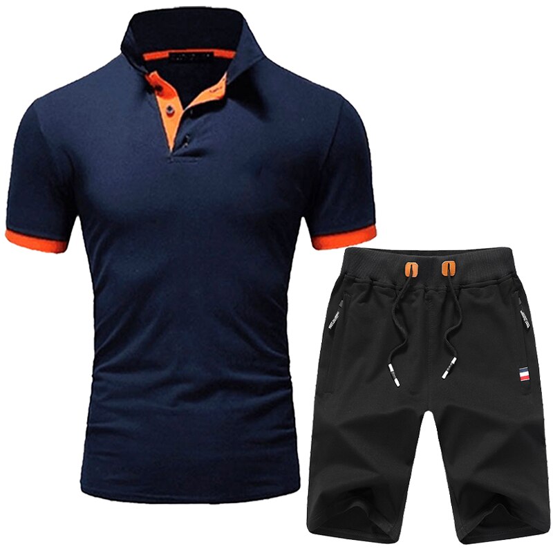 Custom LOGO Men's 2 Pieces Set Summer Patchwork Polo Shirt and Shorts Brand Trend Fashion Casual Sport Streetwear Male Tracksuit