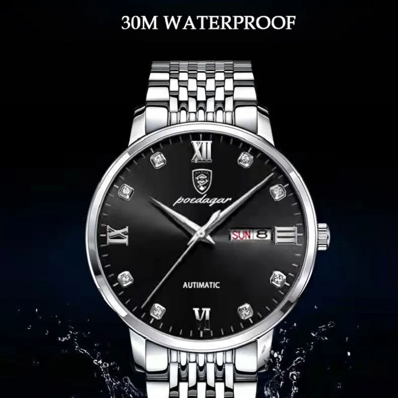 Poedagar Men Watch Luxury Waterproof Luminous Date Week Stainless Steel Mens Quartz Watches for Men Business Relogio Masculino