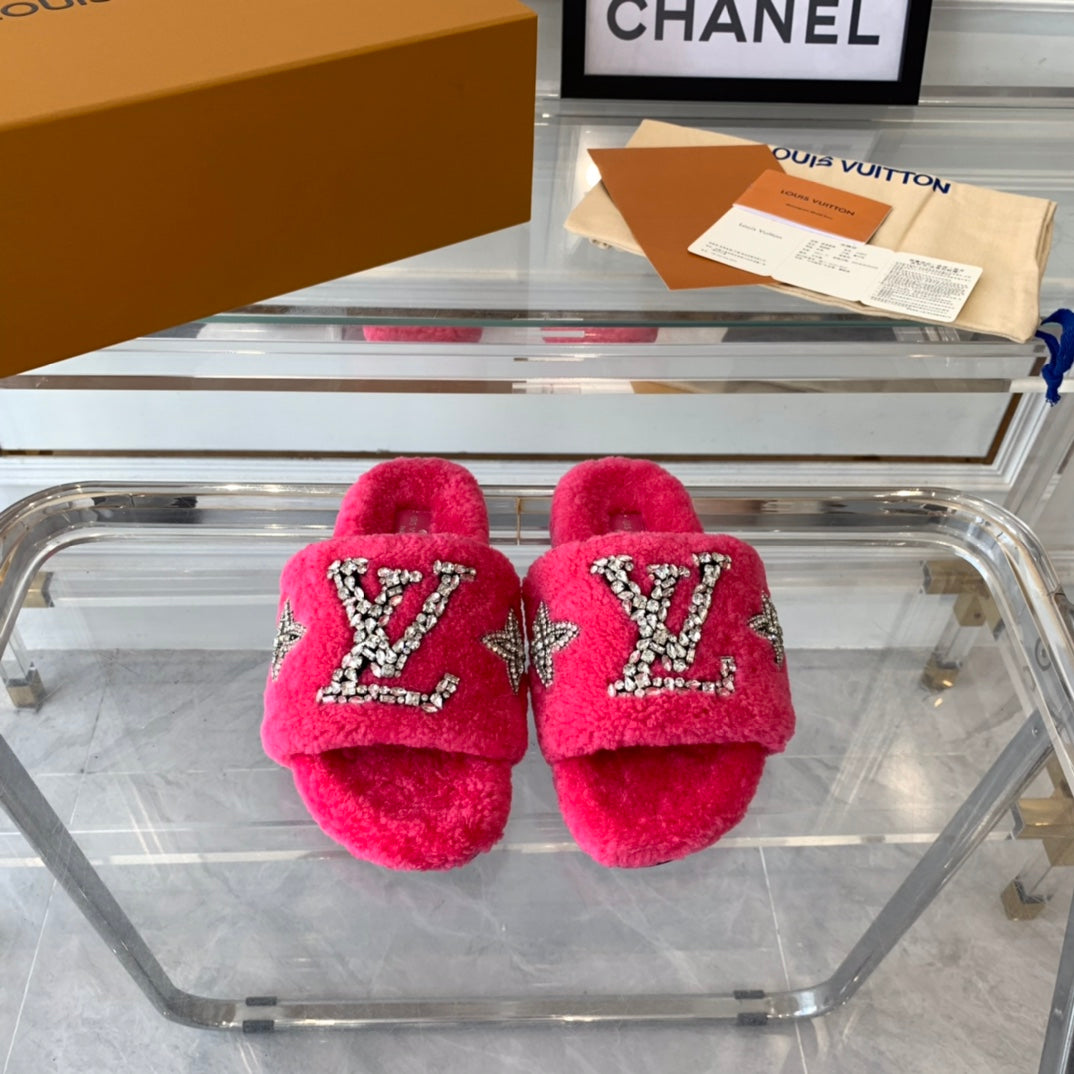 LV WOMEN'S PASEO FLAT SLIPPER IN DEEP PINK FLEECE、mysite、Cacoeks