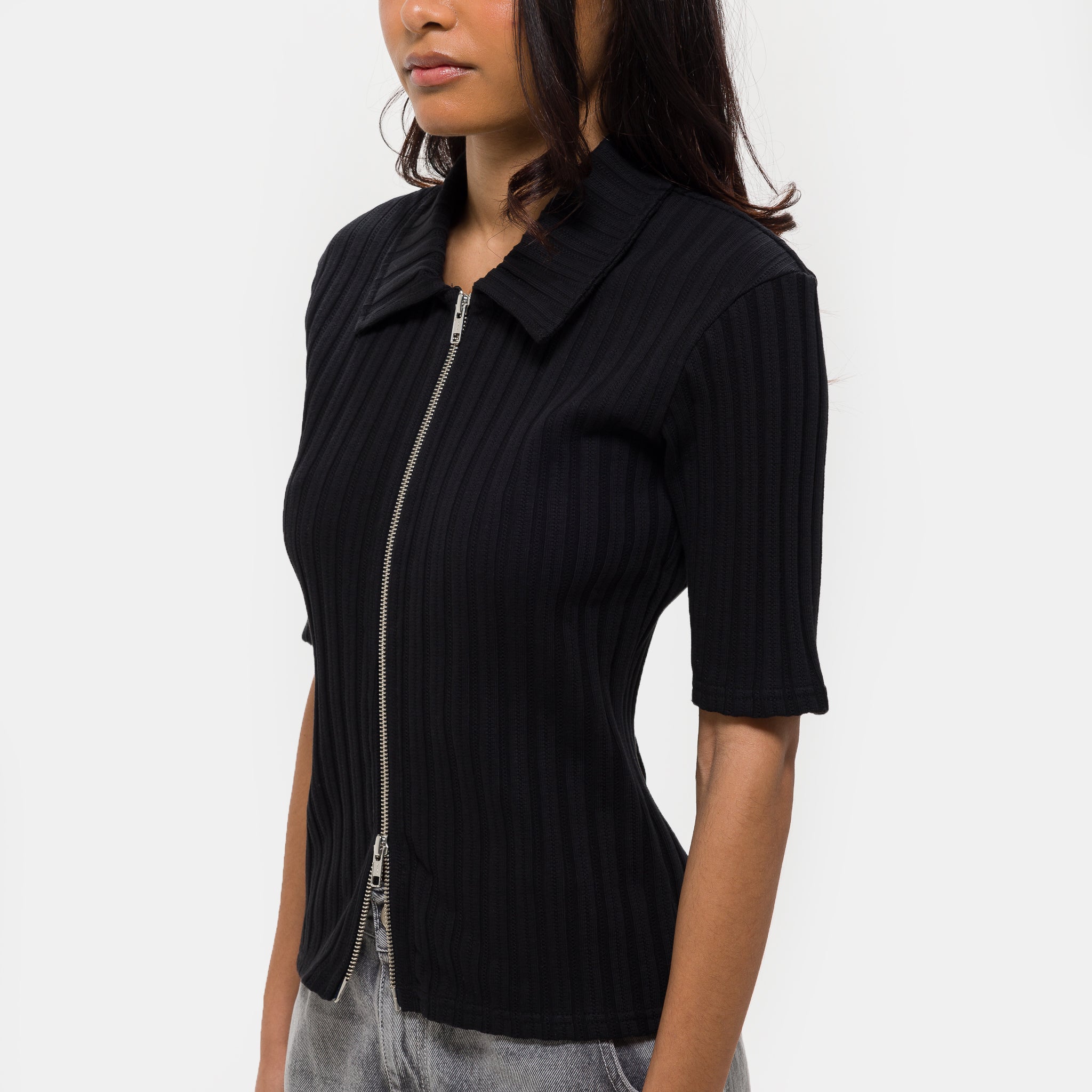 Zip Up Polo in Black Rib