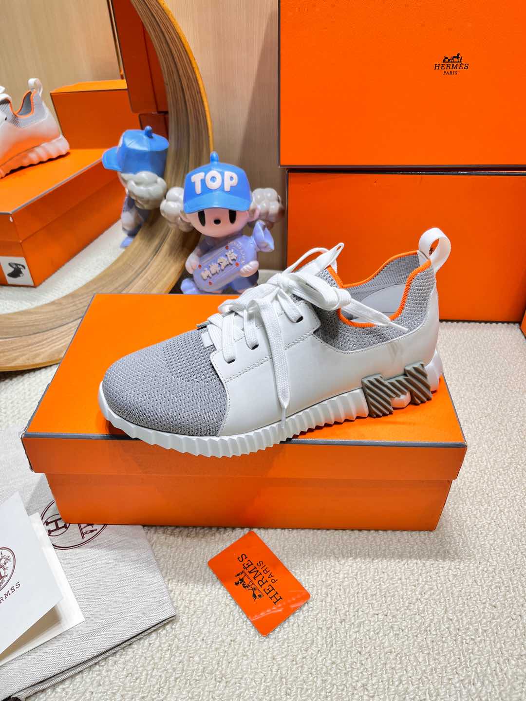 DEPART SLIP-ON SNEAKER IN WHITE MIX SHARK GRAY KNIT AND CALFSKIN、mysite、Cacoeks