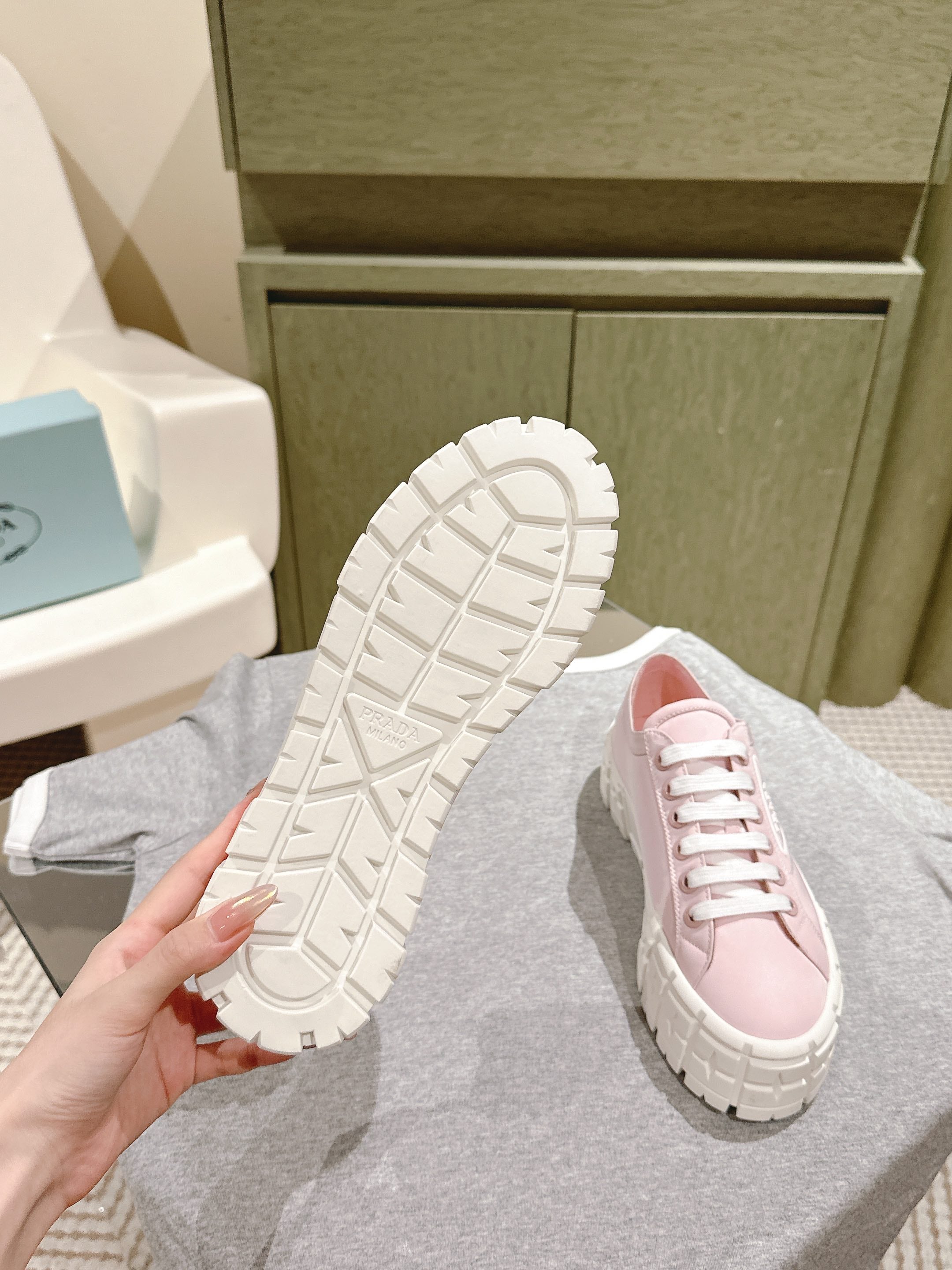 PRA DOUBLE WHEEL RE-NYLON GABARDINE SNEAKERS PASTEL PINK CALFSKIN、mysite、Cacoeks