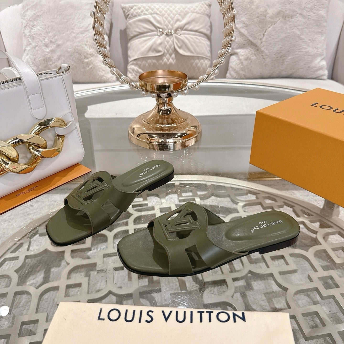 ISOLA FLAT SLIDE IN ARMY GREEN CALFSKIN、mysite、Cacoeks