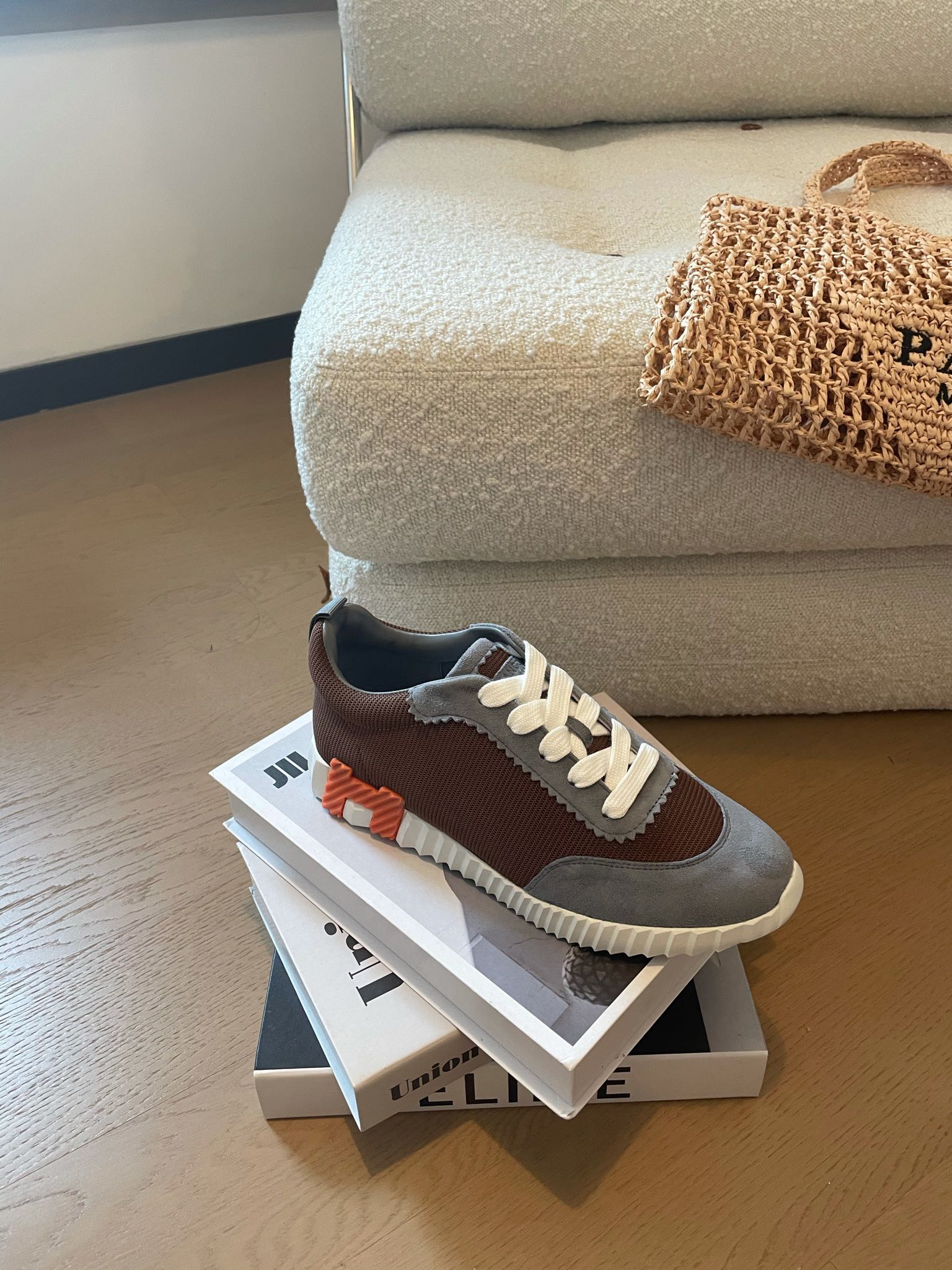 BOUNCING SNEAKERS GRAY MIX BROWN CALFSKIN、mysite、Cacoeks