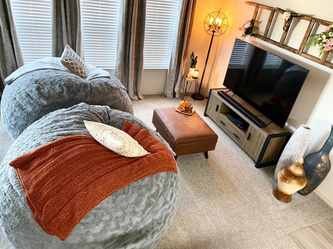 Living room with two large comfortable beanbags.