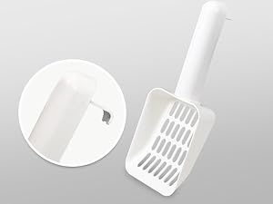 White plastic cat litter scoop with long handle. Close-up of scoop head shows multiple rectangular slots for sifting.