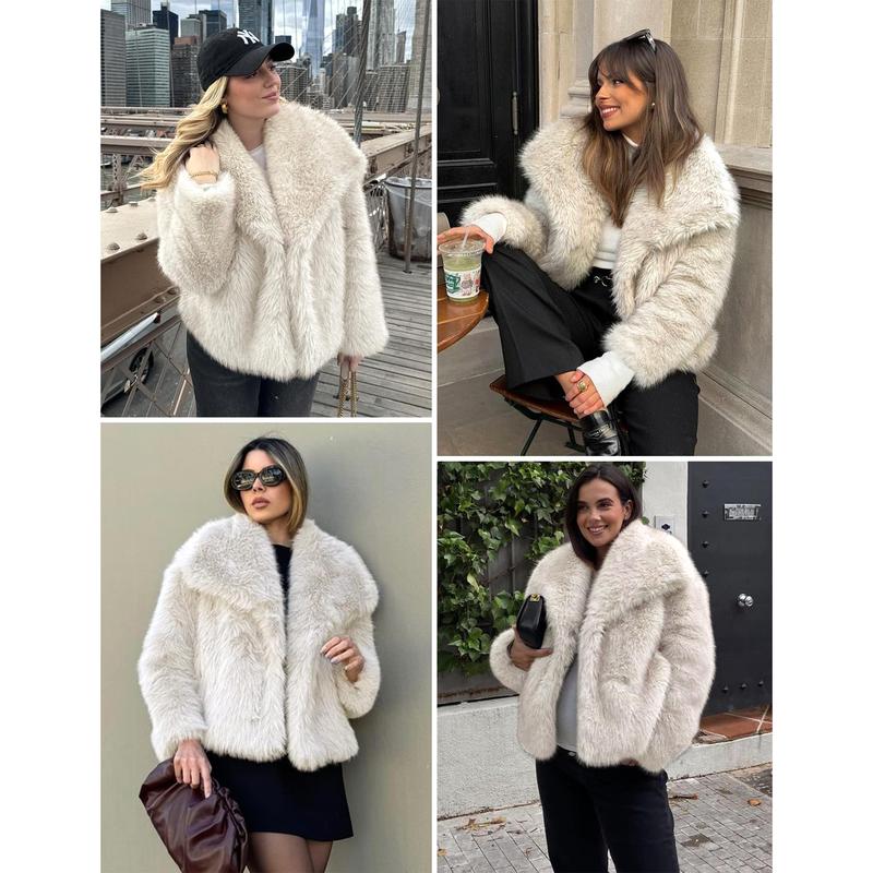 Buenoble Women's Brown Faux Fur Coat Winter Fluffy Short Jacket Warm Fuzzy Oversized Outwear Top Shaggy Collar Full Lining Short Jacket with Side Pockets