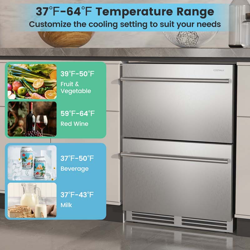Eletriclife 24 Inch Under Counter Dual Drawer Fridge with 37℉-64℉ Temperature Range