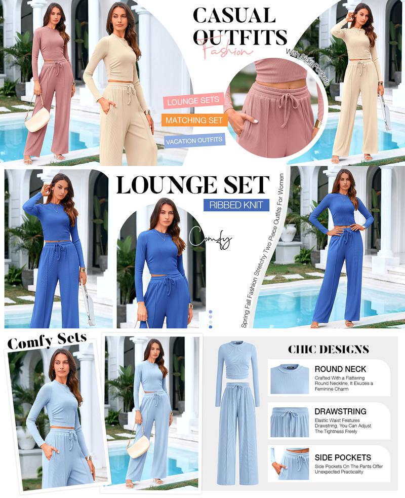 BTFBM 2-Piece Ribbed Knit Long Sleeve Crop Top Wide Leg Pants Matching Lounge Set Loungewear