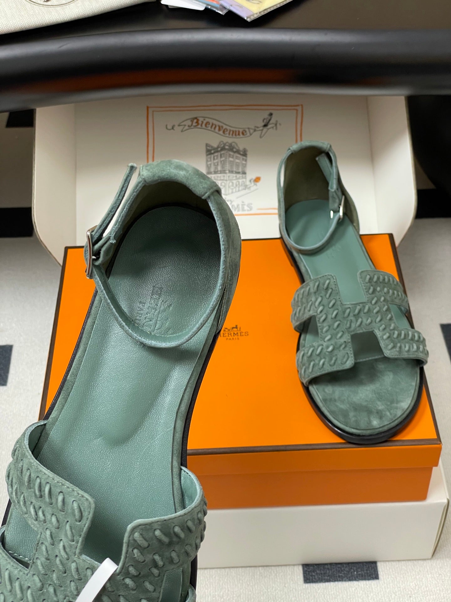 HM 25S SANTORINI SANDAL IN MUTED MINT GREEN SUEDE AND LAMBSKIN、mysite、Cacoeks