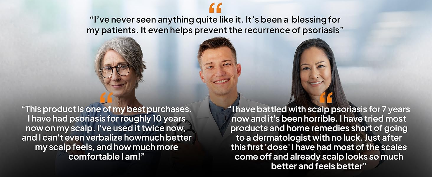 Collage of positive customer testimonials for Dermasolve Psoriasis Scalp Oil