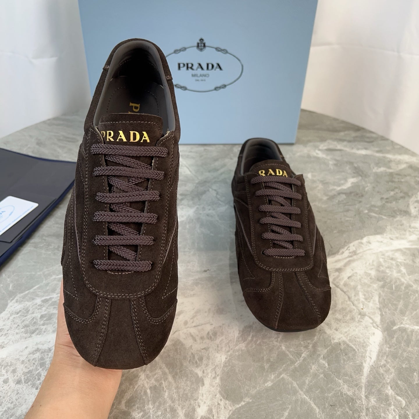 PRADA 25S MONTECARLO ANTIQUED SNEAKERS IN DARK BROWN SUEDE、mysite、Cacoeks