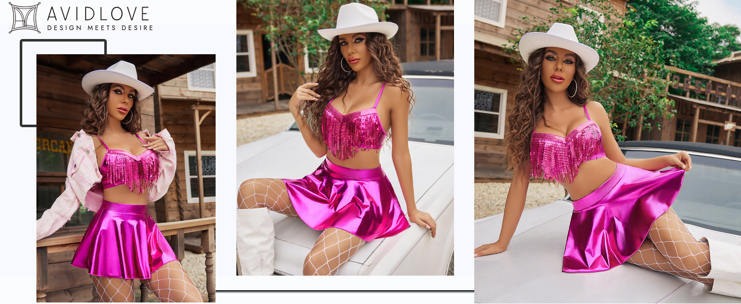 Sequin Fringe Outfits Cosplay Lingerie 3pack Costume Set with Metallic Skirt