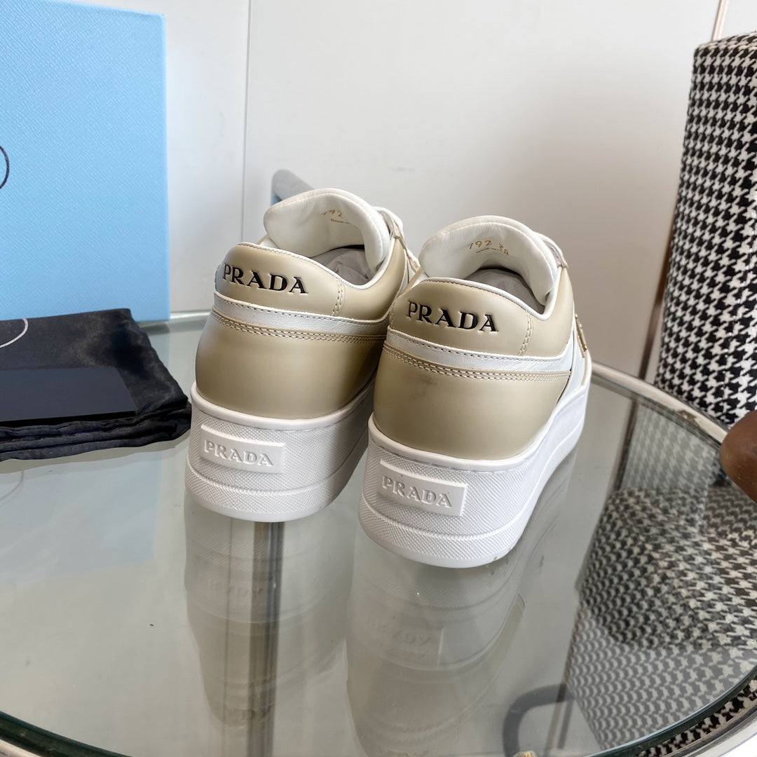 PRA DOWNTOWN THICK-SOLE SNEAKERS WHITE AND BEIGE CALFSKIN、mysite、Cacoeks