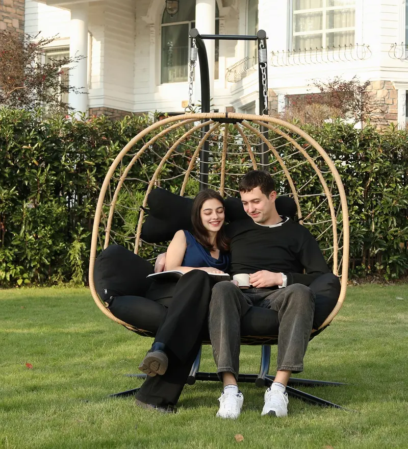 Product Introduction of FathersDayGift RIWENGO Double Hanging Egg Chair with Weather-Resistant Cushion, 700lbs Capacity - Foldable Patio Chair with Handwoven PE Wicker & Rust-Proof Frame, for Garden, Porch, Backyard 20