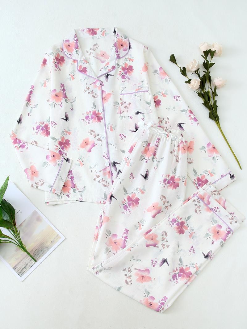 Women's Button Front Blouse & Bow Front Contrast Binding Pants Pyjama Set, Casual Long Sleeve Lapel Top & Trousers,�Summer Outfits 2024,�Sleepwear for Spring & Fall,�National Day Offers