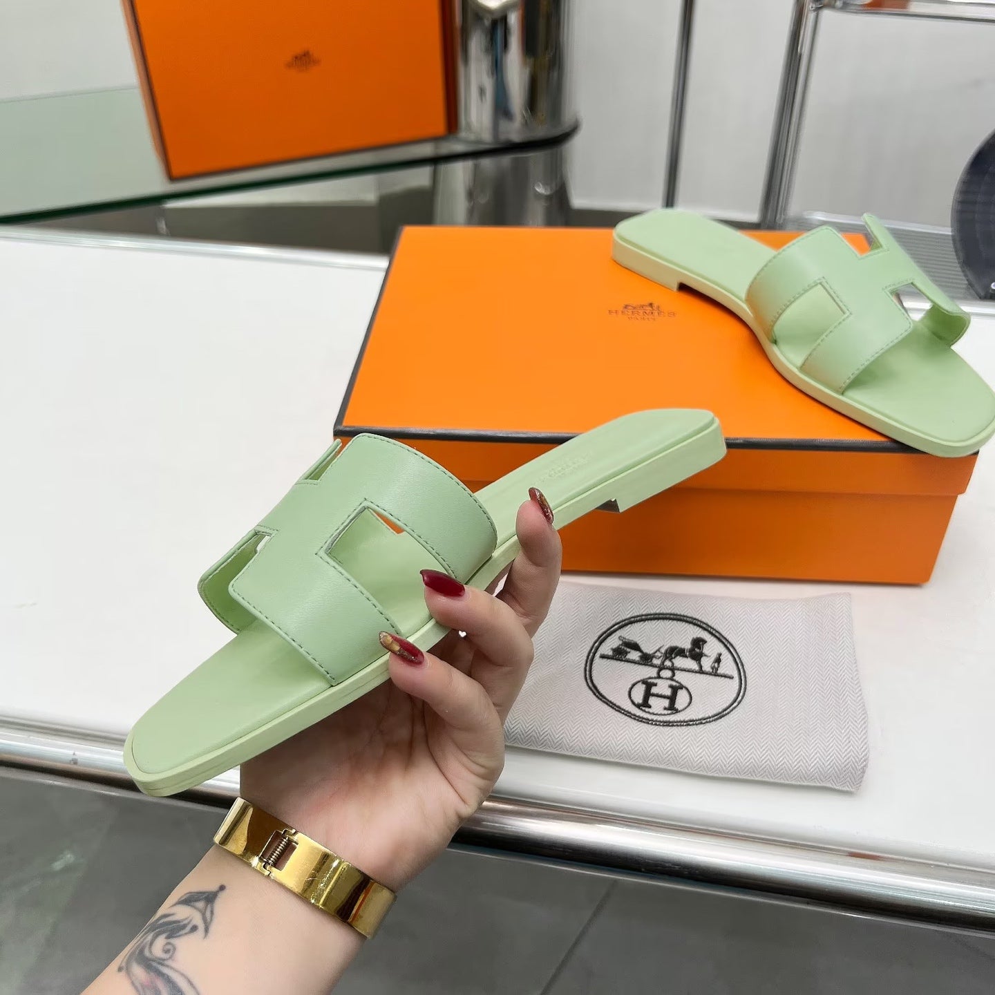 0RAN SANDALS IN GREEN PASTEL CALFSKIN、mysite、Cacoeks