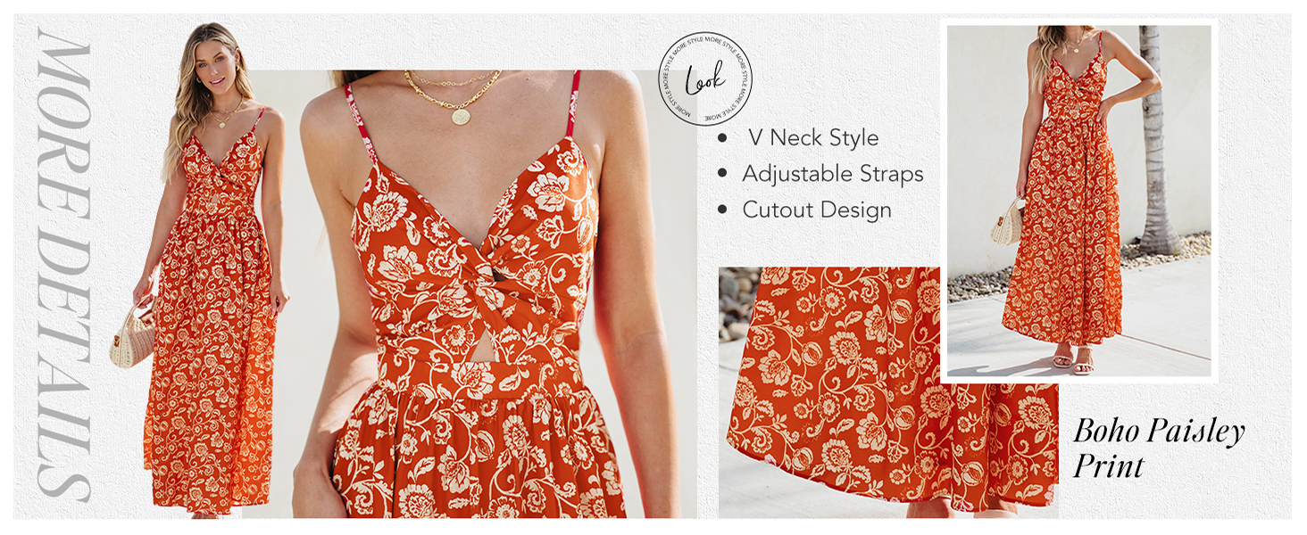 red paisley knotted v neck adjustable straps maxi dress for women summer