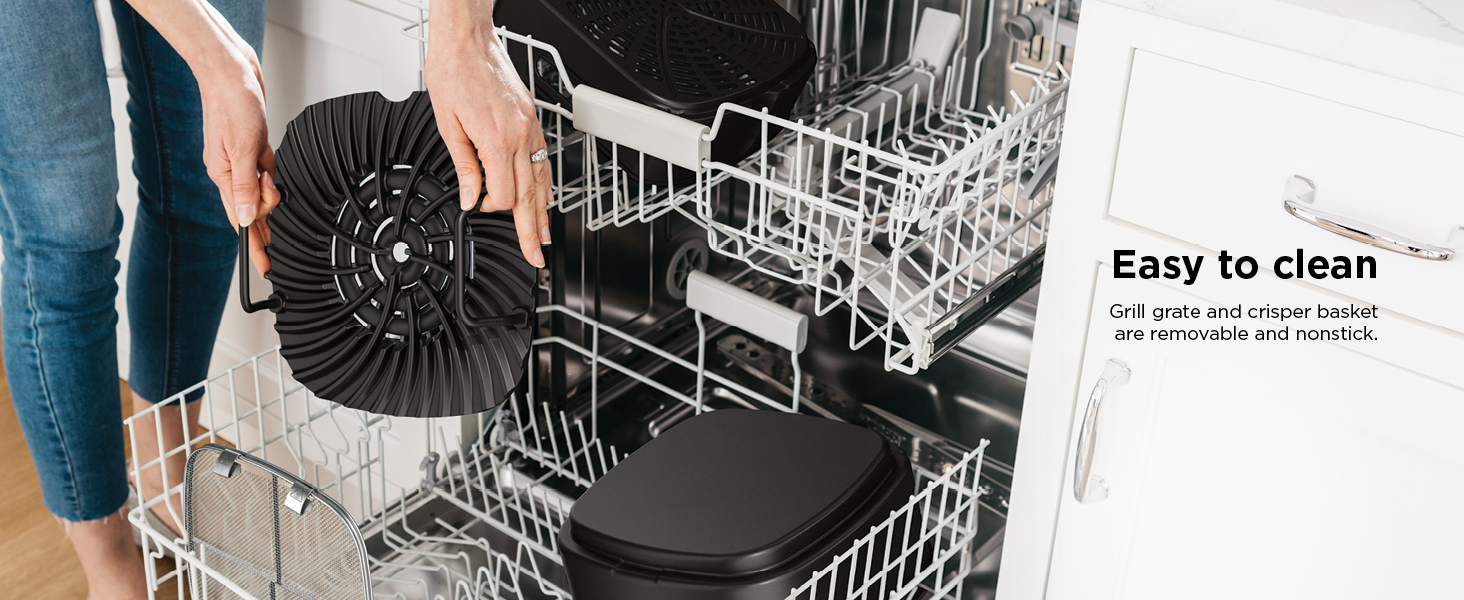 Easy to clean Grill grate and crisper basket are removable and nonstick.