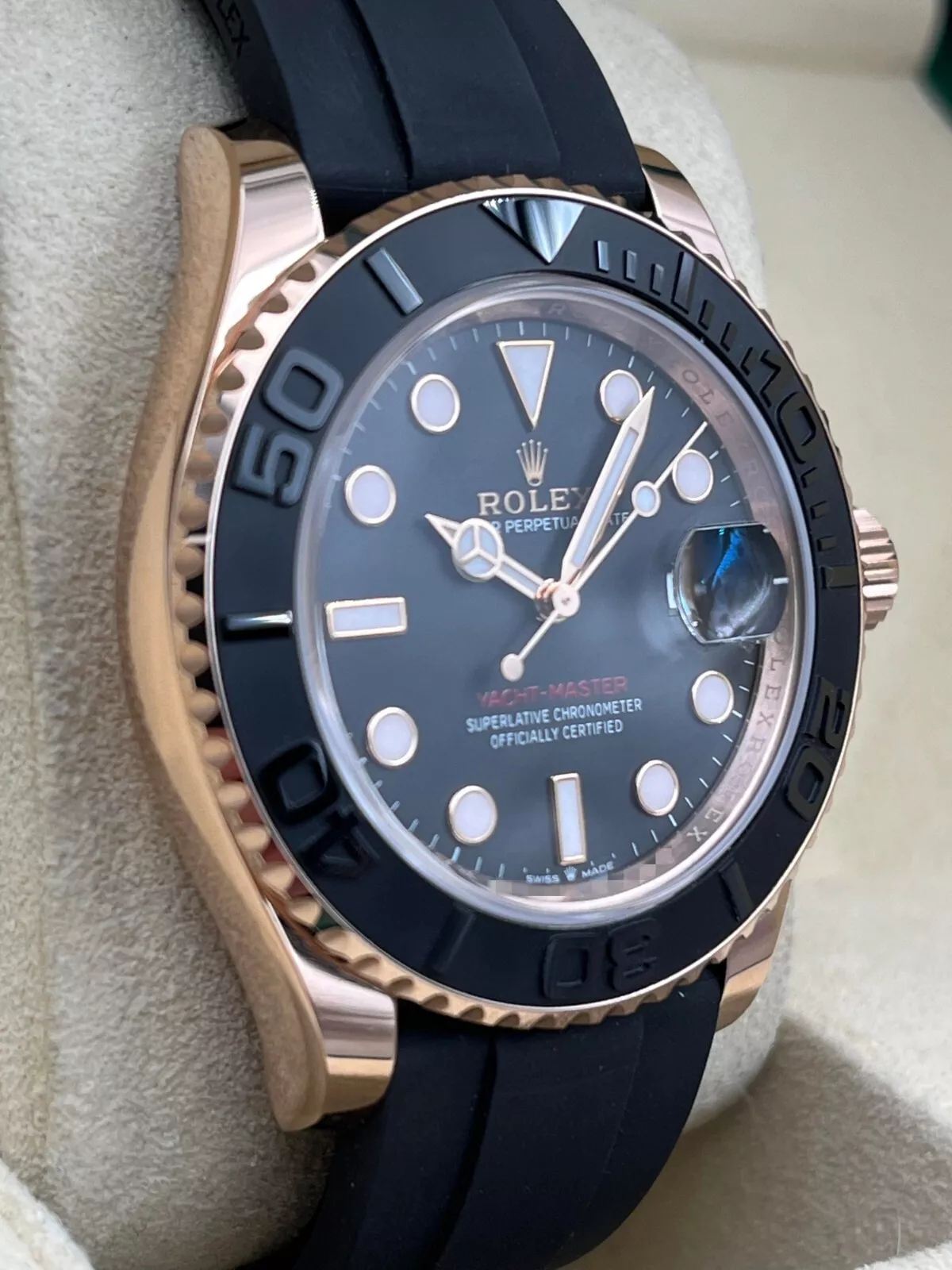 Rolex Yacht Master 18k Rose Gold Super Clone Swiss Replica Watch OysterFlex Rubber Strap Ref 126655 3235 Swiss Movement