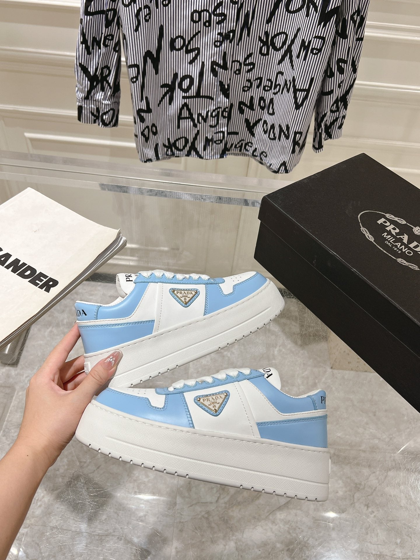 PRA DOWNTOWN BOLD SNEAKERS WHITE AND SKY CALFSKIN、mysite、Cacoeks