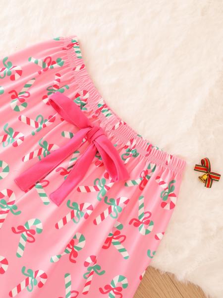 2 pieces of ladies' Christmas cane candy printed short sleeved shorts sleepwear set with buttons, collars, bows, suitable for comfortable and casual home wear in all seasons