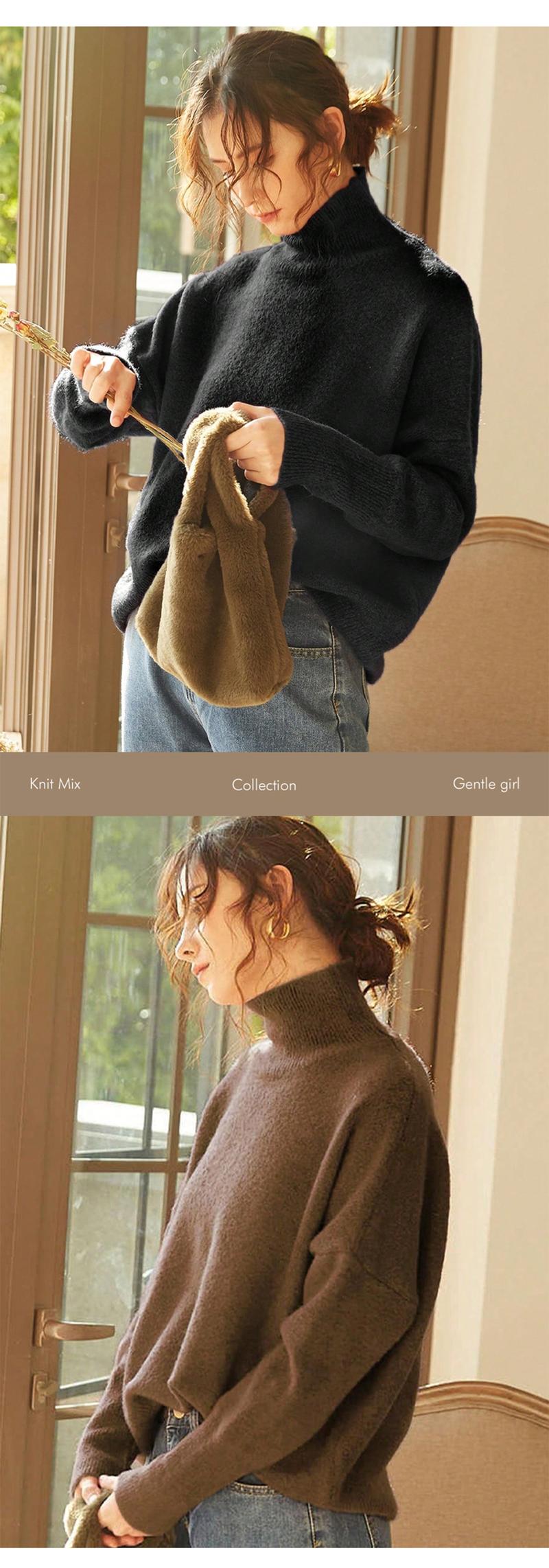 Autumn Winter Women's Knit Sweater High Neck Loose Casual French Style Elegant Simple Solid Color Pullover Long Sleeve Top